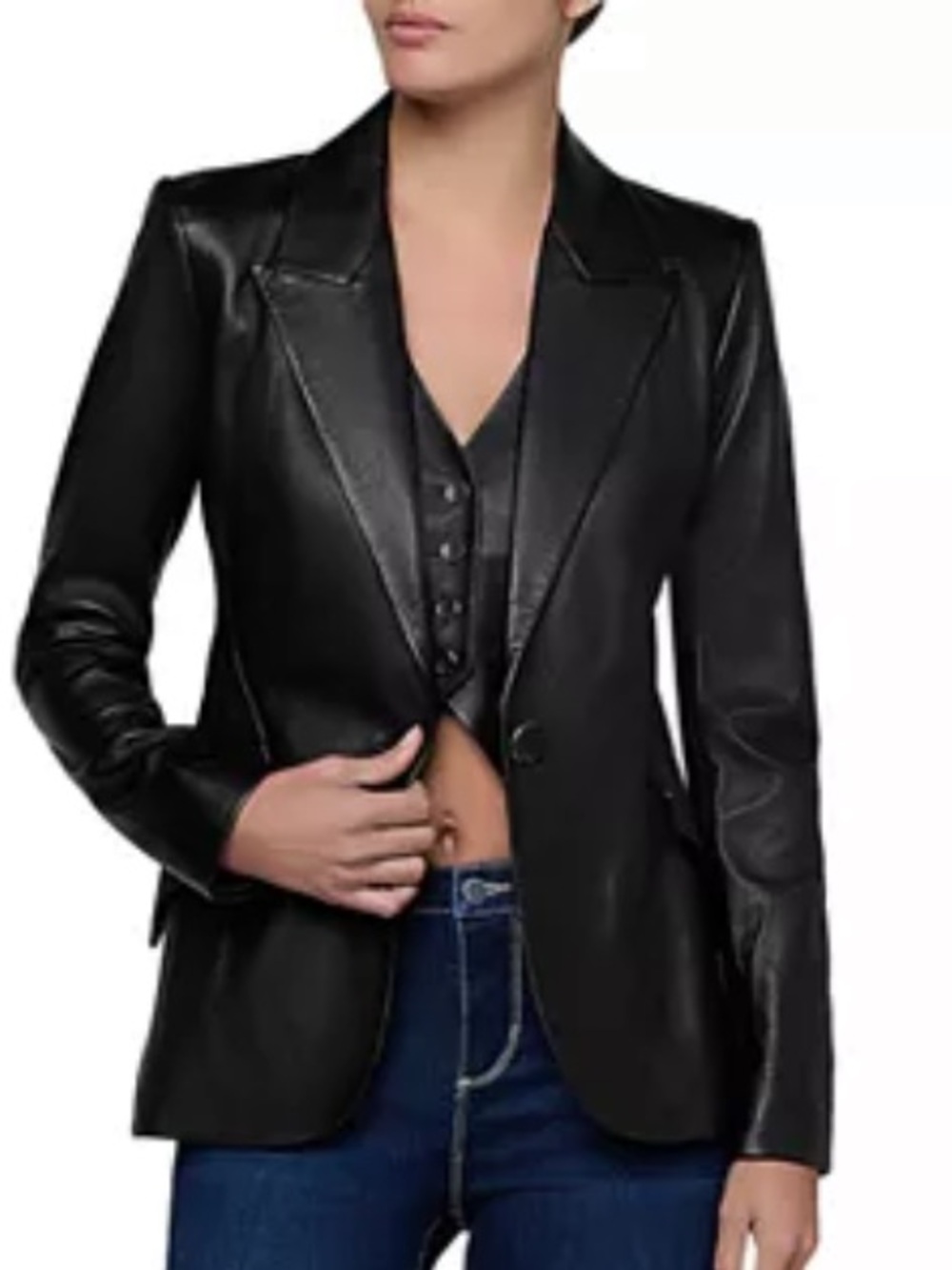 Cole Haan Black Lamb Leather Tailored Single-Button Blazer